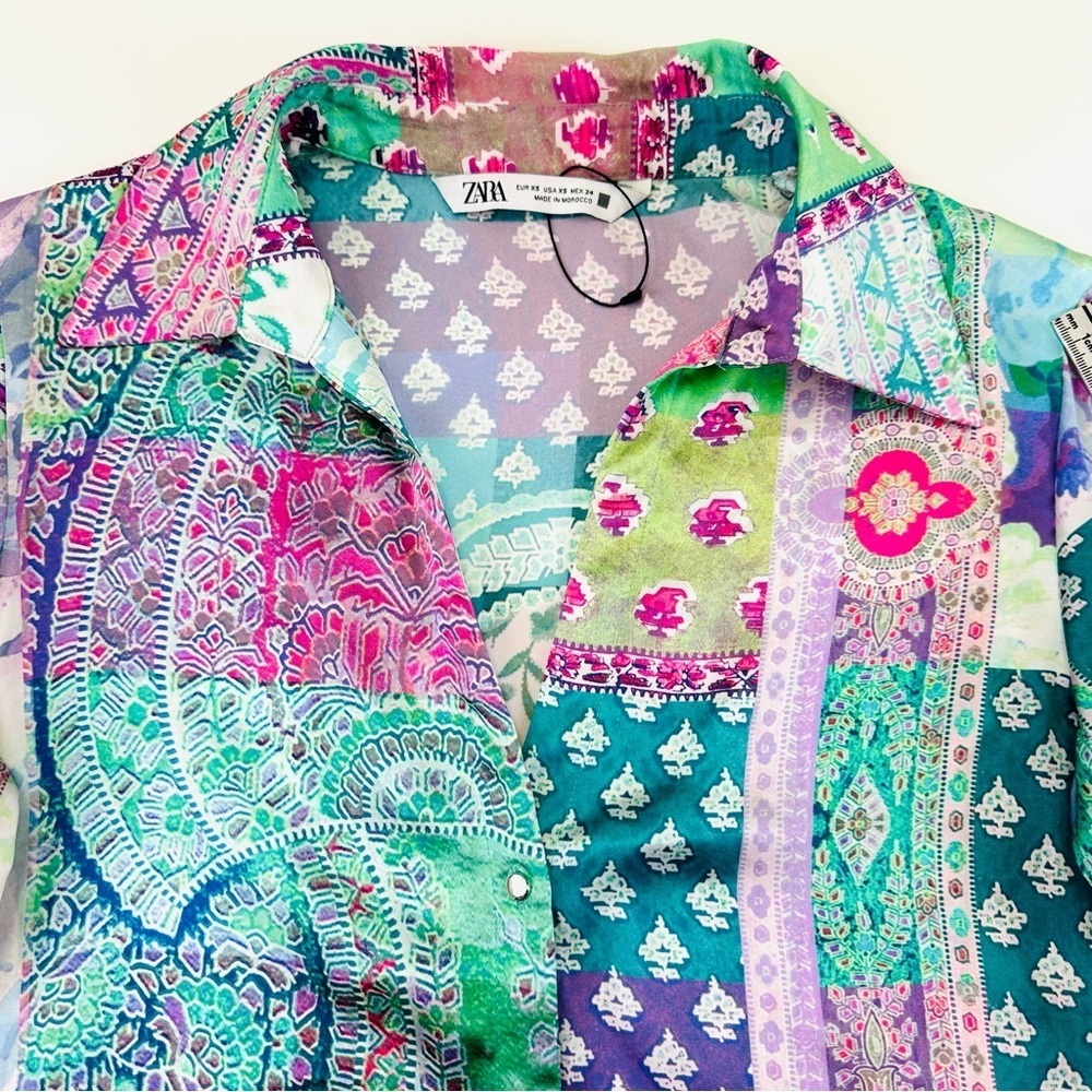 Zara bright patchwork blouse XS Oversize pink turquoise print button up Bohemian - Picture 7 of 11